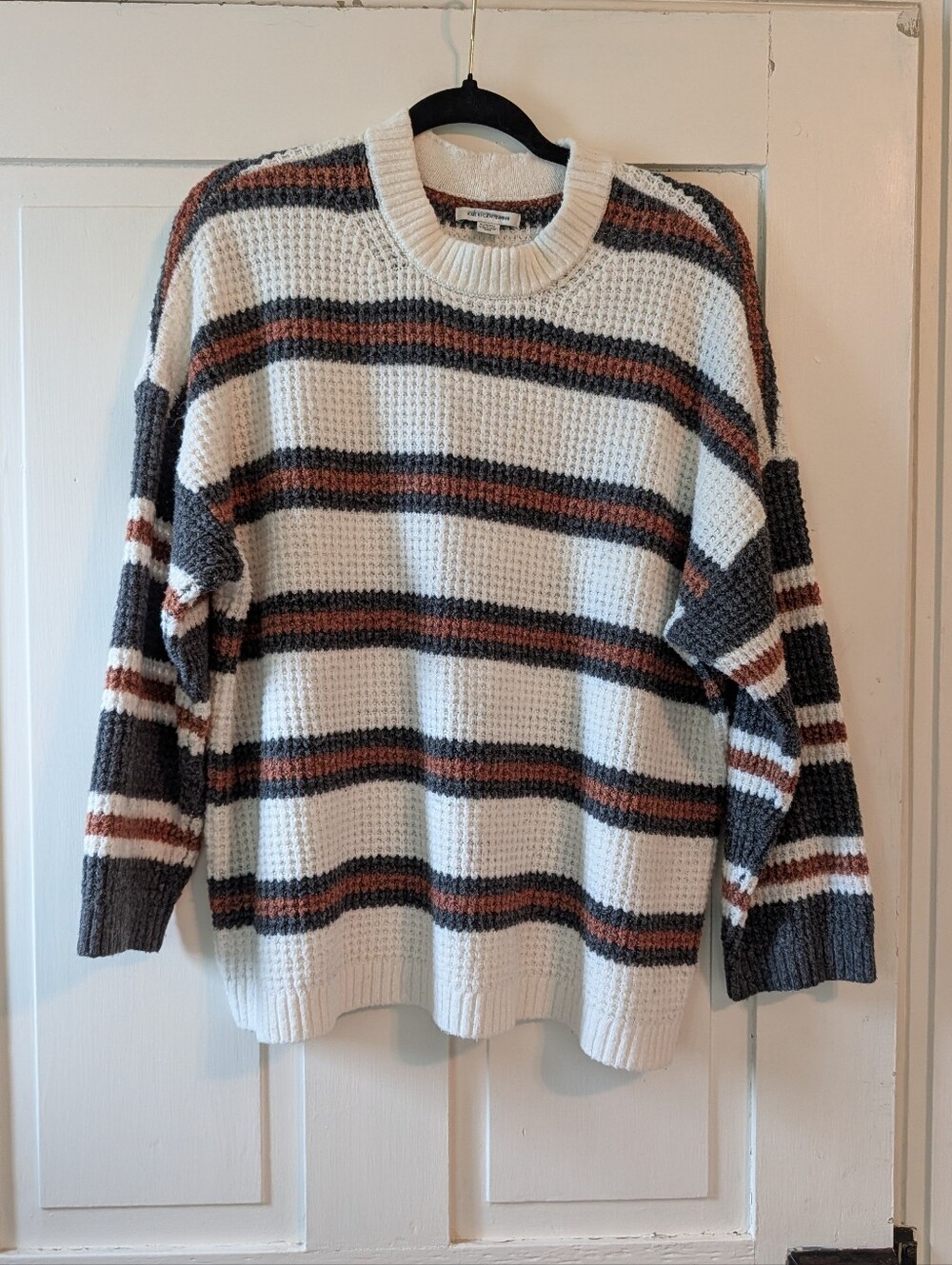 America Eagle Cozy Stripe Crewneck Sweater - Cream, Brown & Gray